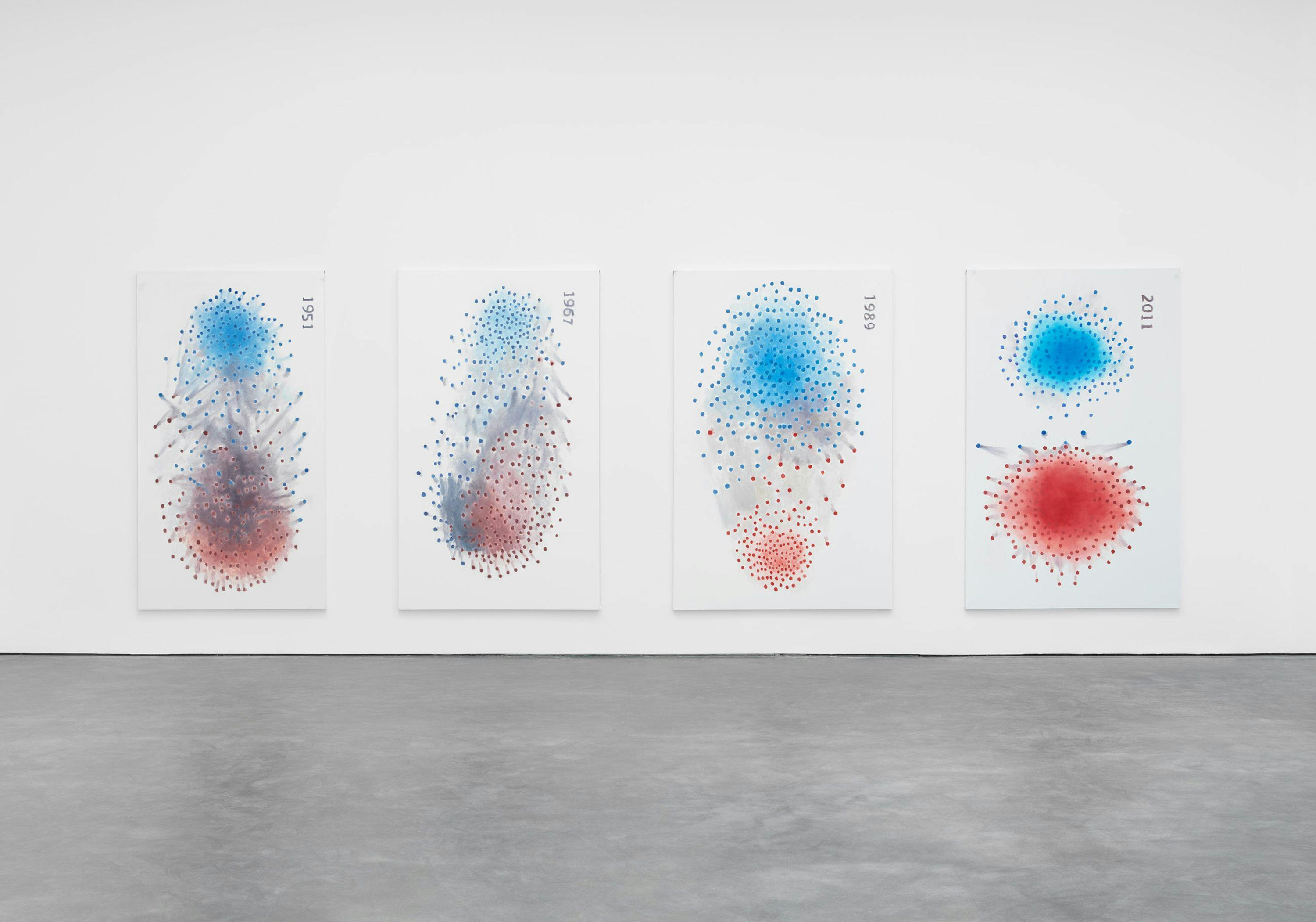 A series by Luc Tuymans, titled Polarisation - Based on a data visualization by Mauro Martino, dated 2021.